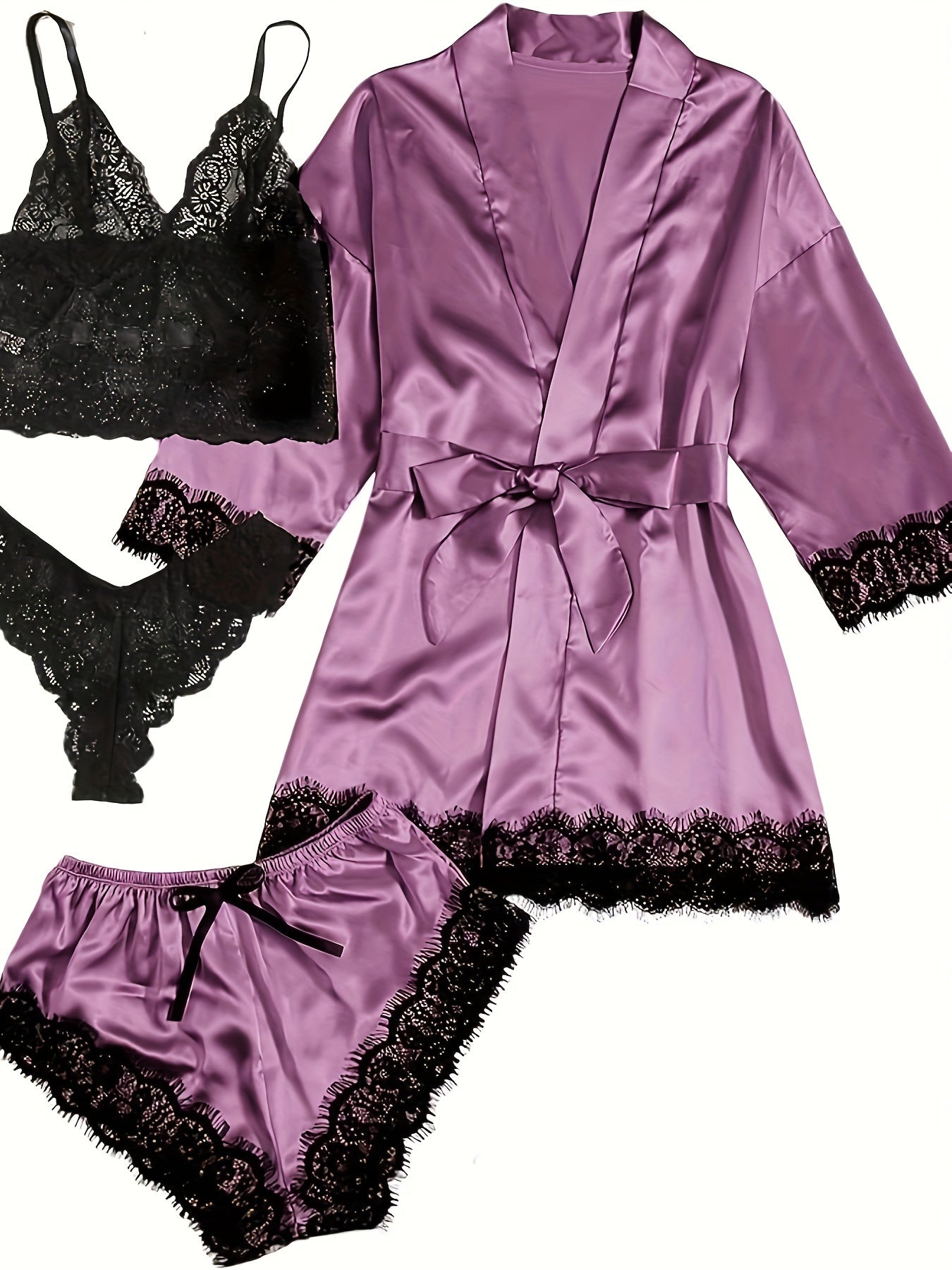 Luksus Satin Pyjamasæt Dame – Kimono, Shorts & Blondekant