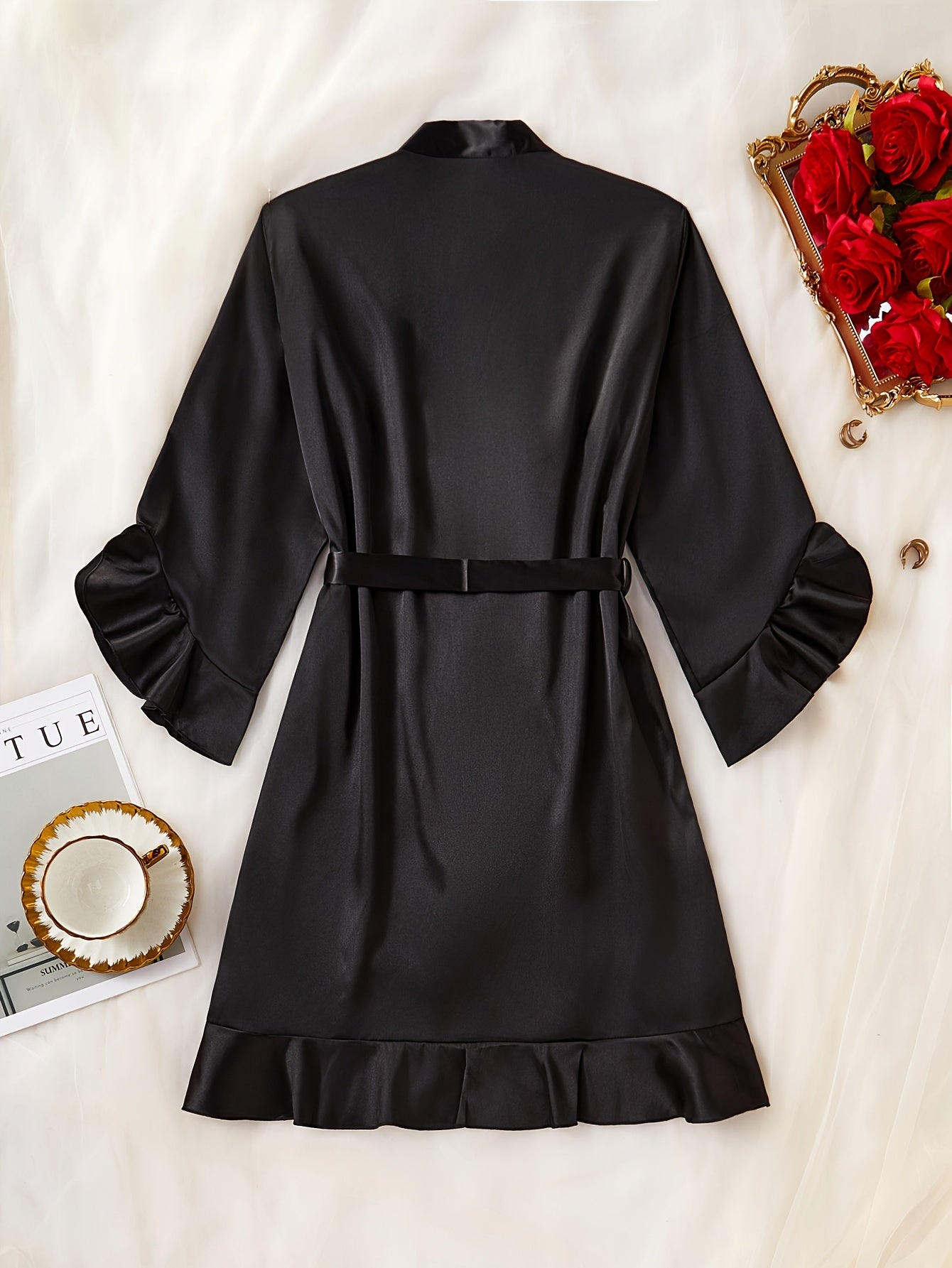 Satin Kimono Badekåbe Dame – Rucher & Bindebånd i Blødt Satin