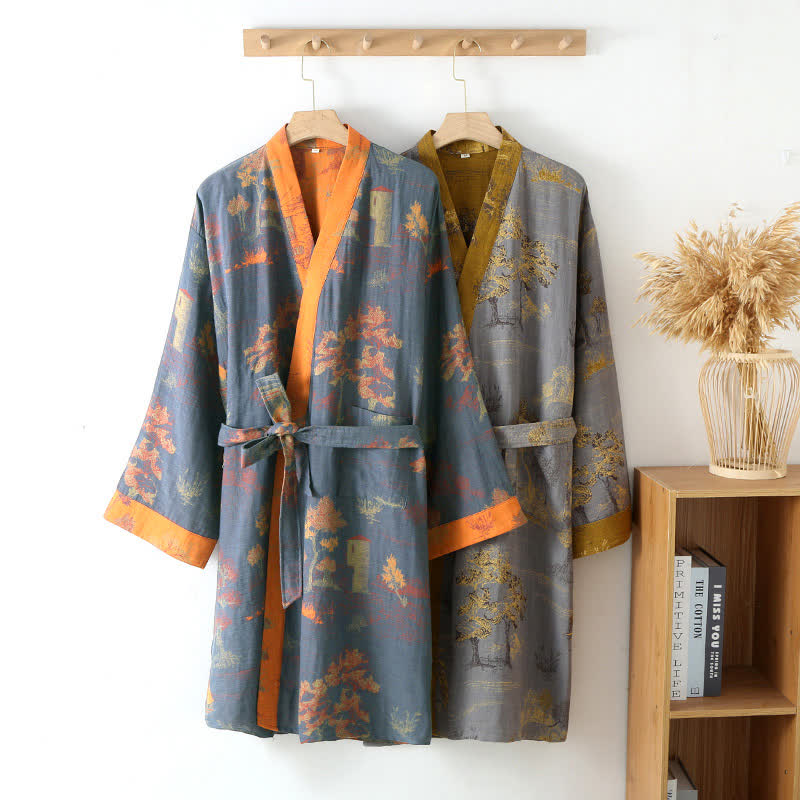 Åndbar retro kimono-badekåbe med bælte til kvinder