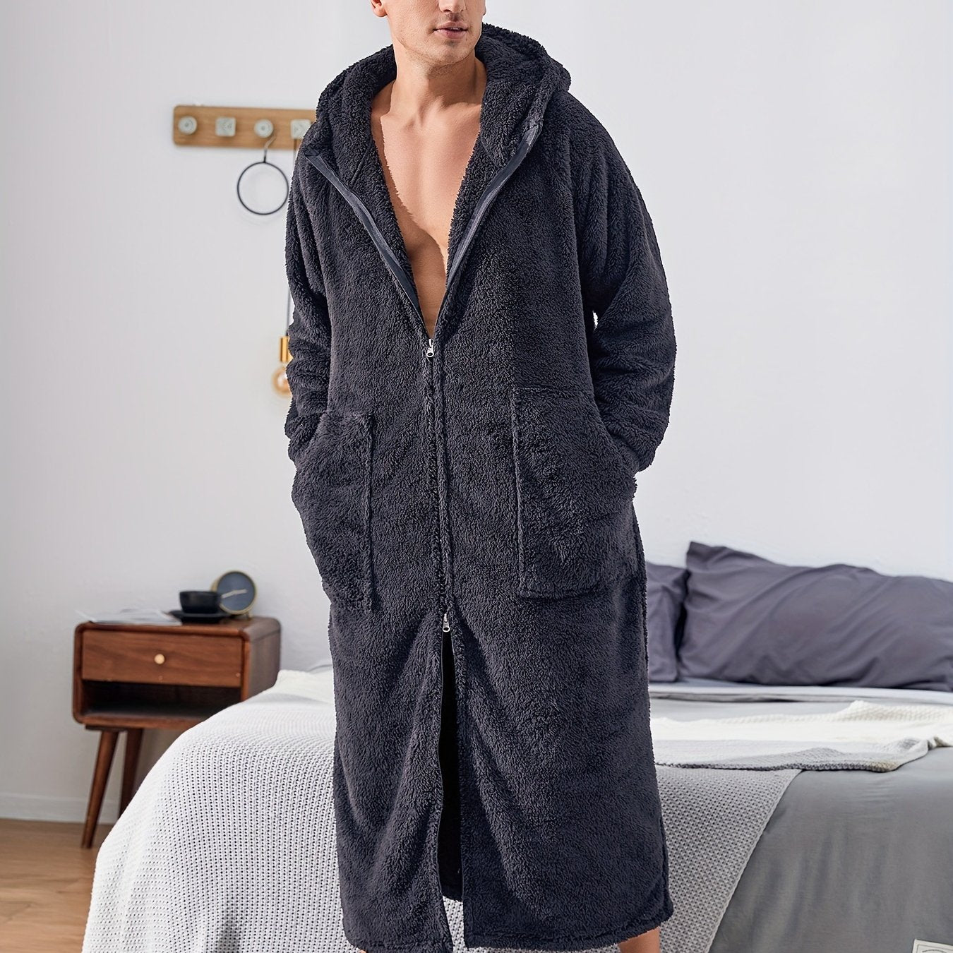 Herre Fleece Plys Morgenkåbe med Hætte, Fuld Lynlås, Lang Varm Morgenkåbe med Lomme