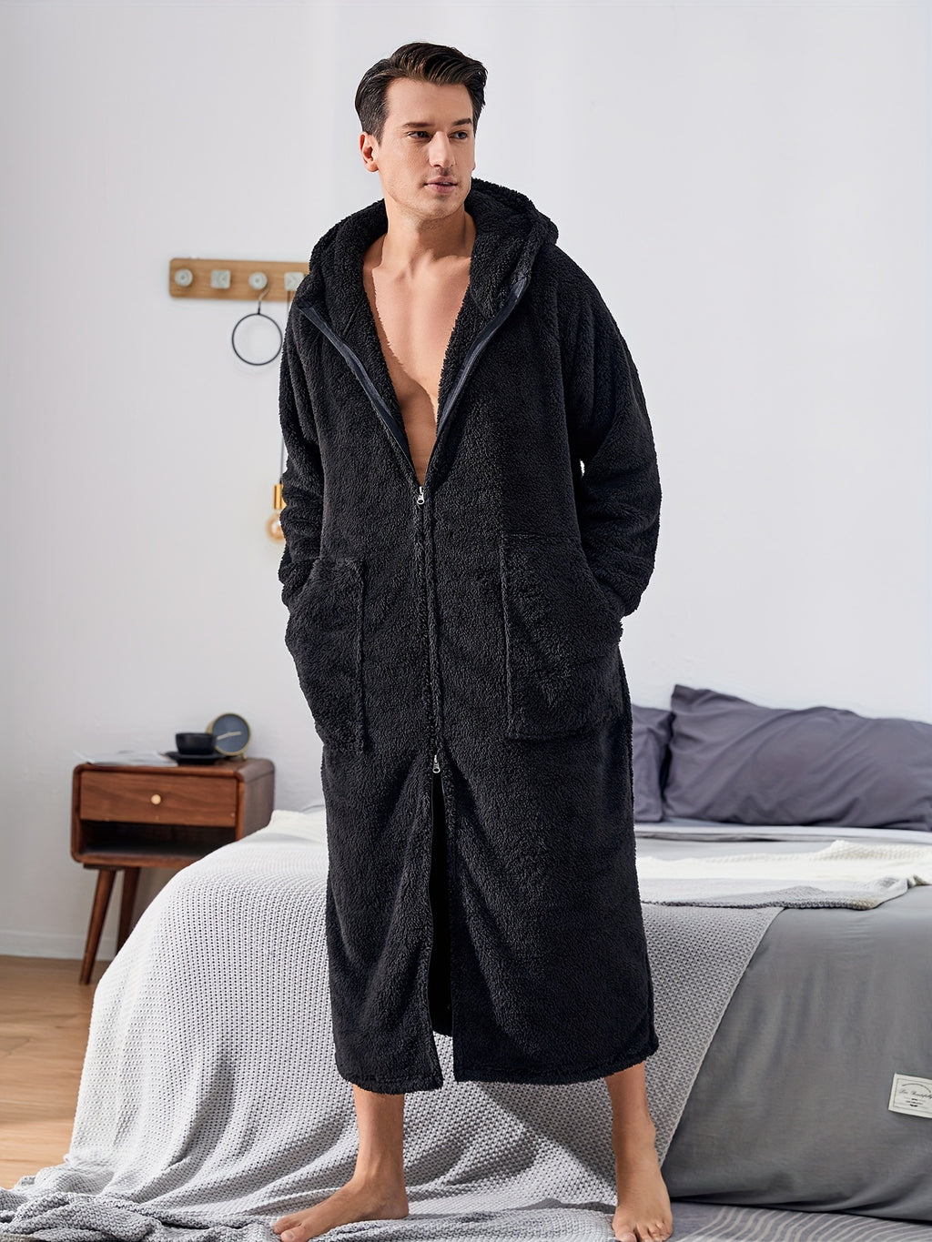 Herre Fleece Plys Morgenkåbe med Hætte, Fuld Lynlås, Lang Varm Morgenkåbe med Lomme