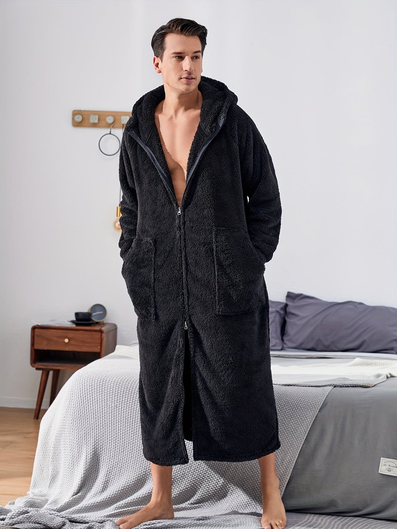 Herre Fleece Plys Morgenkåbe med Hætte, Fuld Lynlås, Lang Varm Morgenkåbe med Lomme