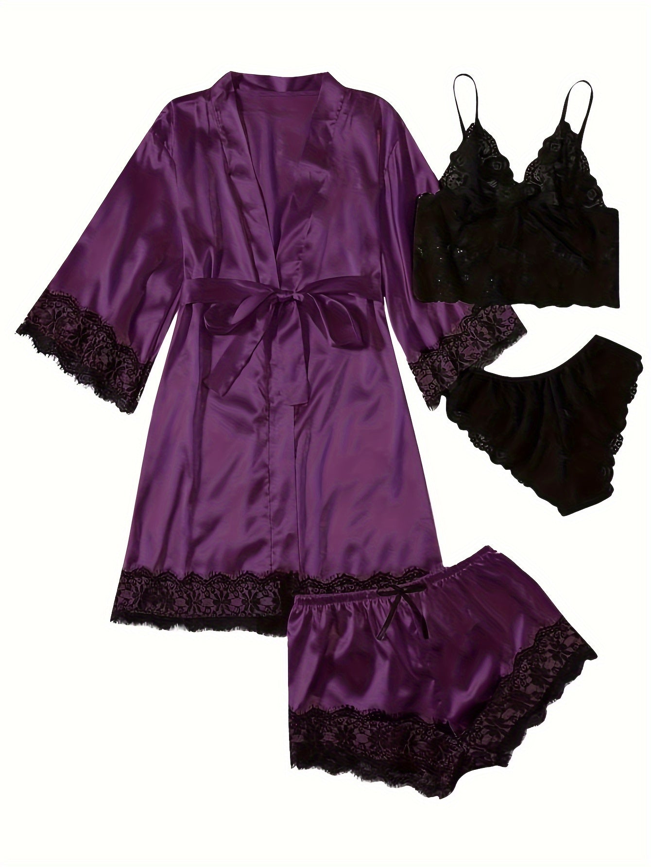 Luksus Satin Pyjamasæt Dame – Kimono, Shorts & Blondekant