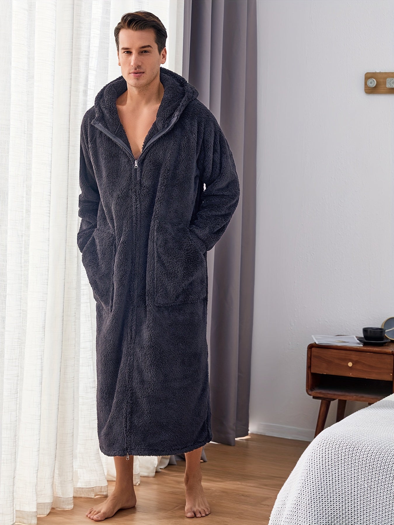Herre Fleece Plys Morgenkåbe med Hætte, Fuld Lynlås, Lang Varm Morgenkåbe med Lomme