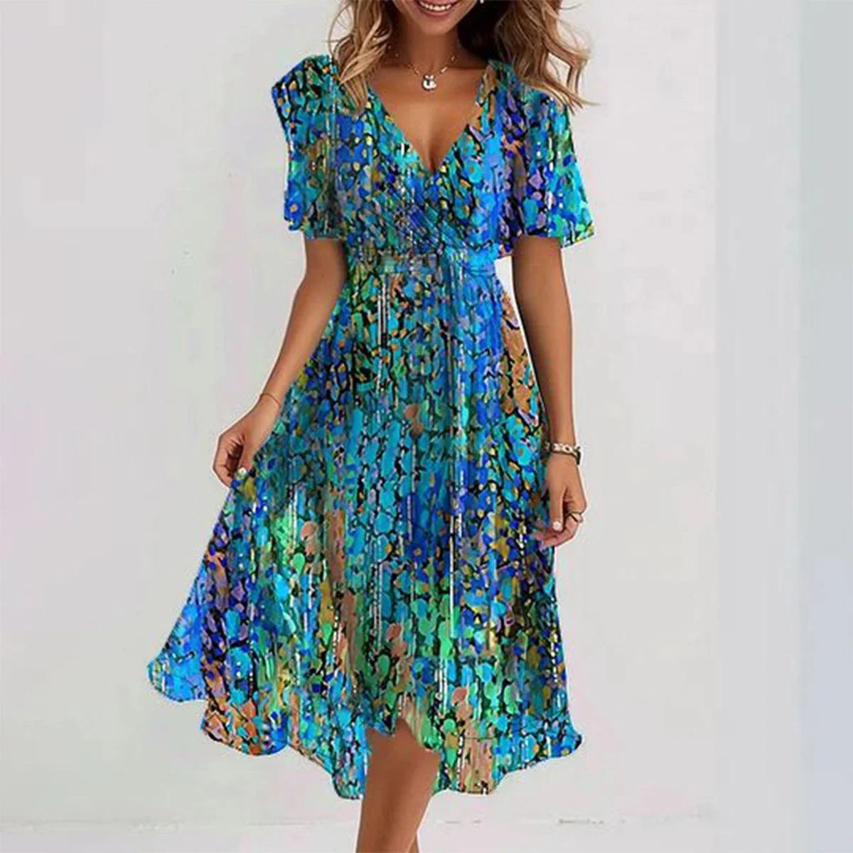 Kvinders Chiffon Blomstret Blændet Midikjole – Elegant, Smigrende