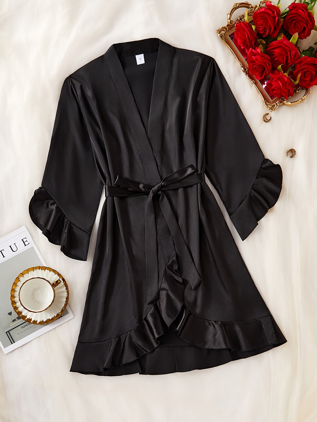 Satin Kimono Badekåbe Dame – Rucher & Bindebånd i Blødt Satin