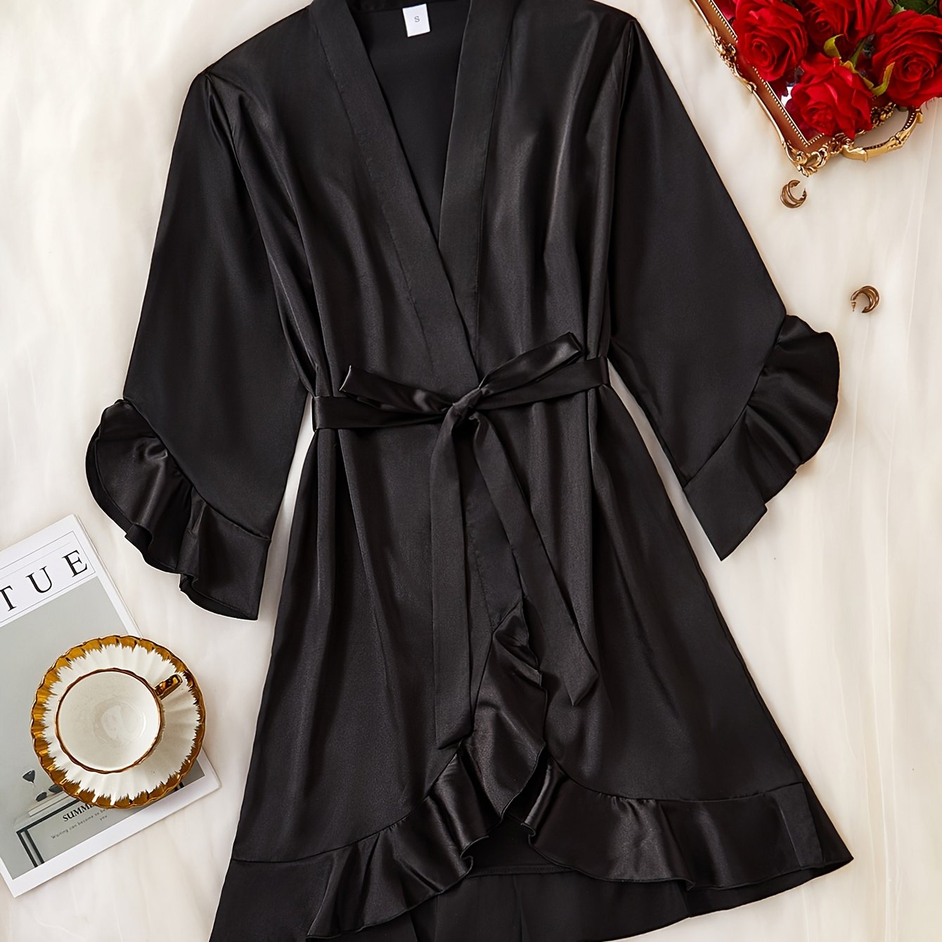 Satin Kimono Badekåbe Dame – Rucher & Bindebånd i Blødt Satin
