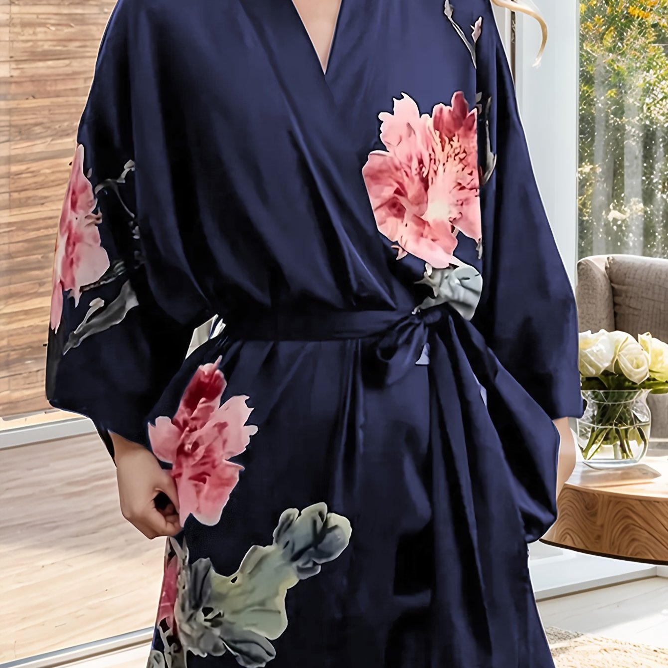 Lang Kimono Badekåbe i Satin – Blomsterprint & Flydende Pasform