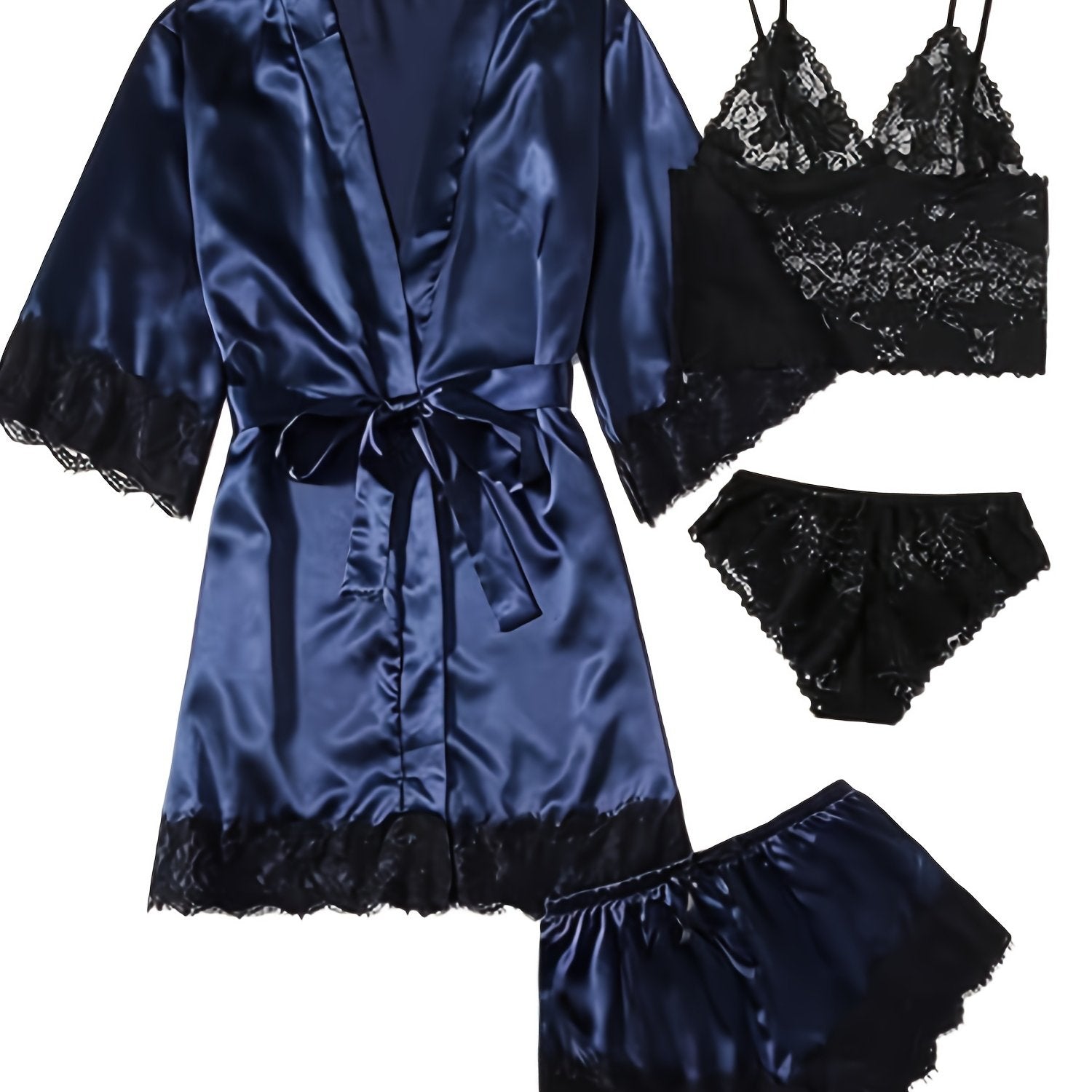 Luksus Satin Pyjamasæt Dame – Kimono, Shorts & Blondekant