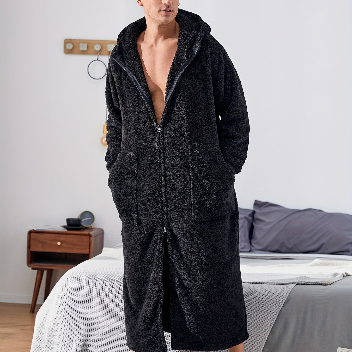 Herre Fleece Plys Morgenkåbe med Hætte, Fuld Lynlås, Lang Varm Morgenkåbe med Lomme