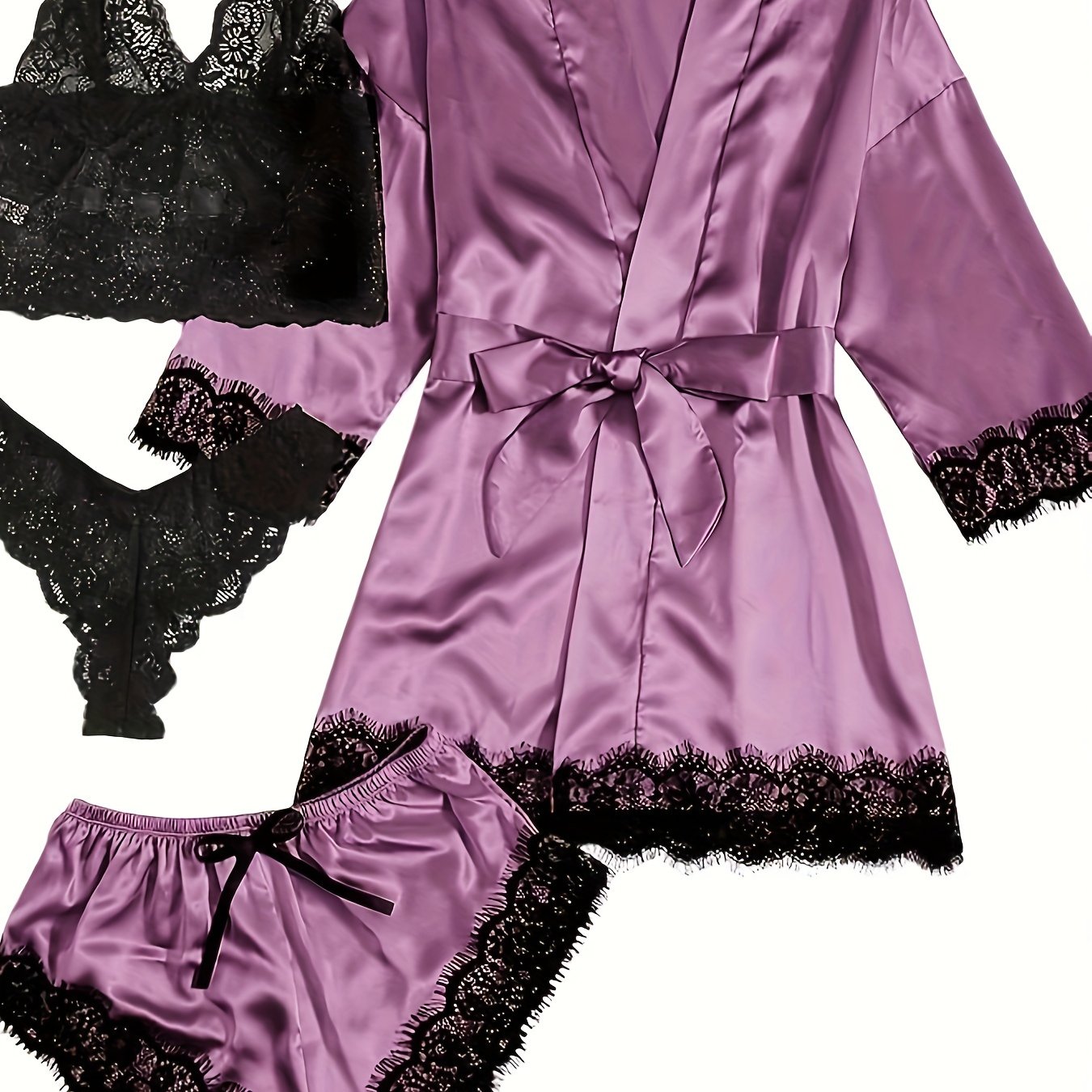 Luksus Satin Pyjamasæt Dame – Kimono, Shorts & Blondekant