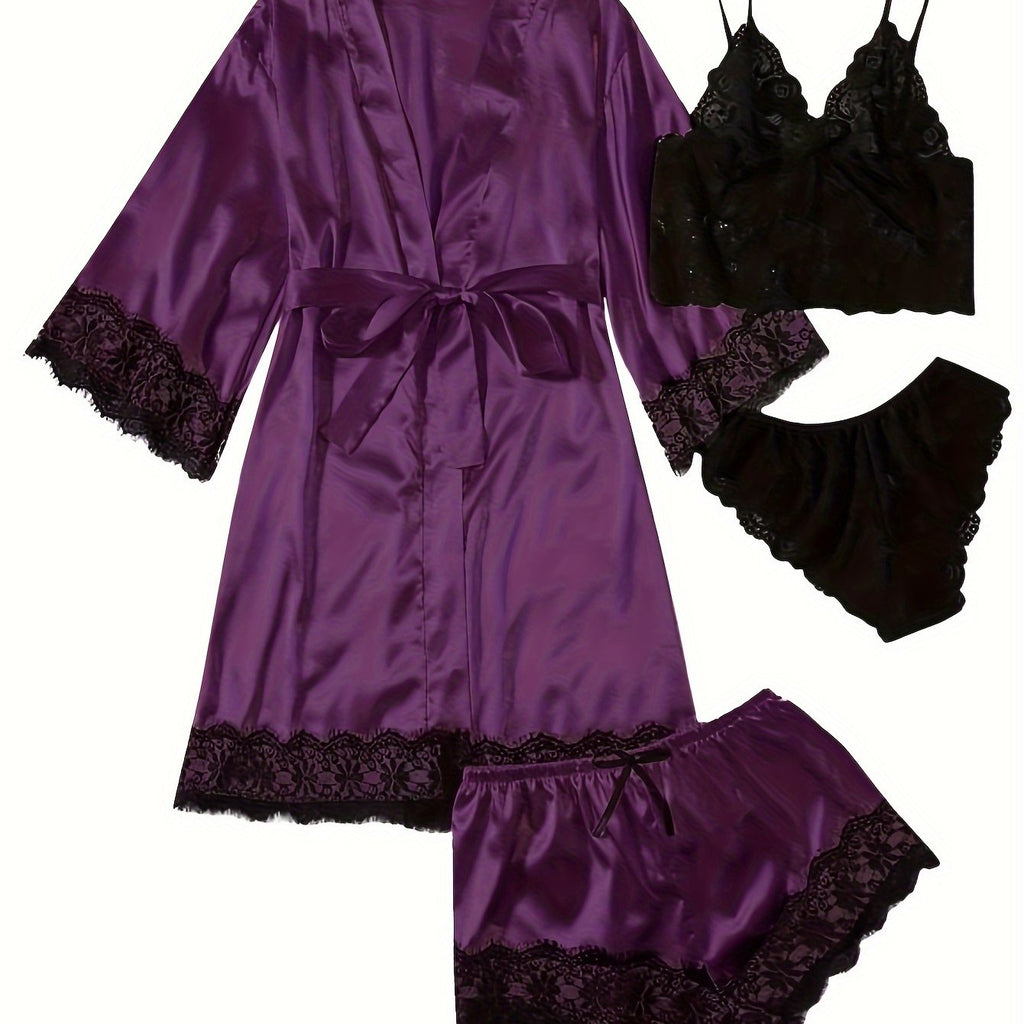 Luksus Satin Pyjamasæt Dame – Kimono, Shorts & Blondekant