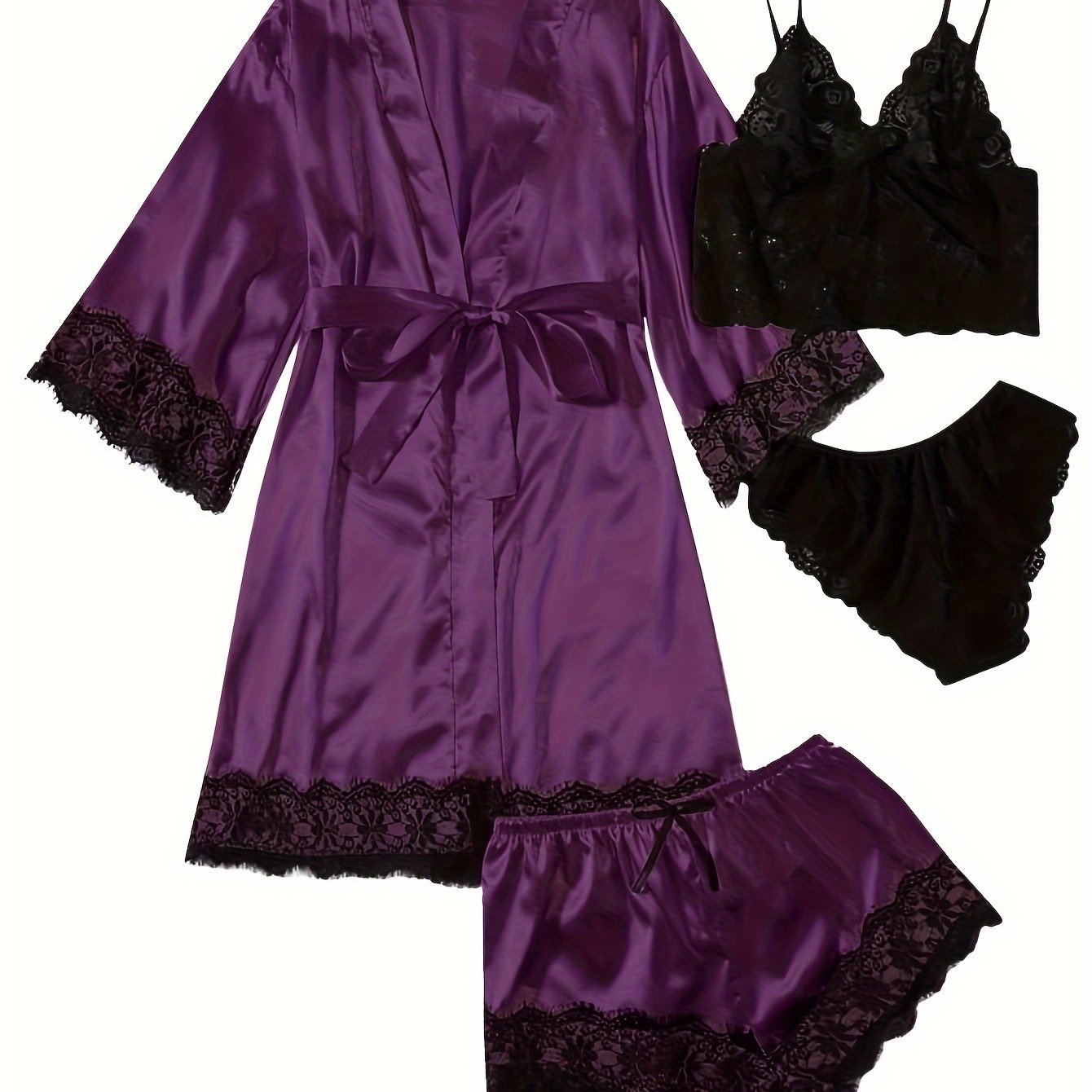 Luksus Satin Pyjamasæt Dame – Kimono, Shorts & Blondekant