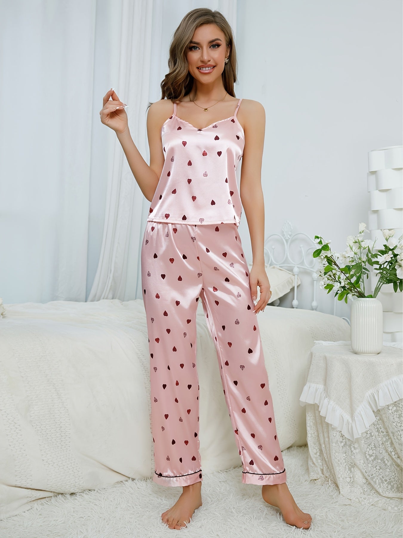 Mønstret Satin Pyjamasæt til Damer – Løs Lange Bukser & Camisole