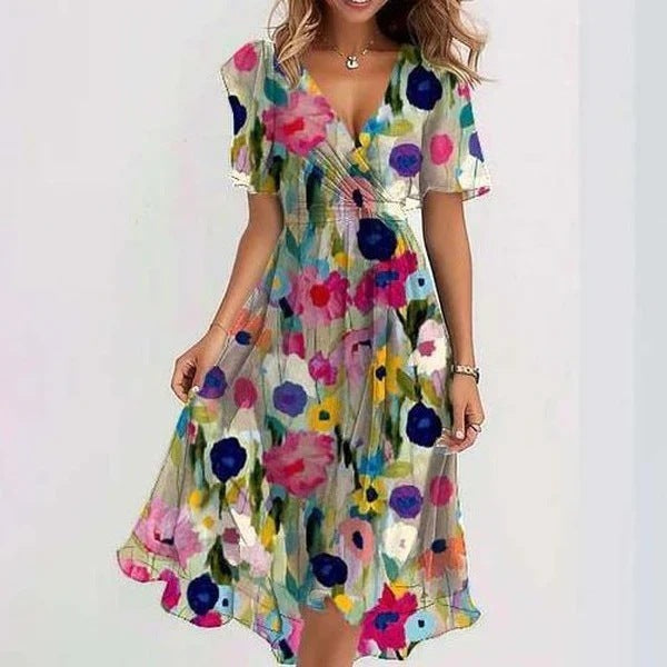 Kvinders Chiffon Blomstret Blændet Midikjole – Elegant, Smigrende