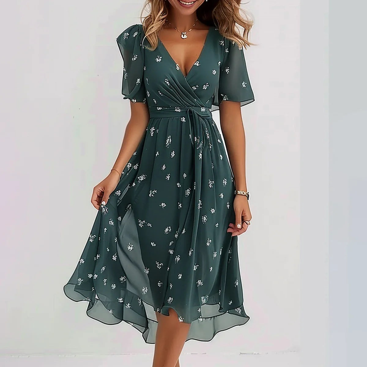 Kvinders Chiffon Blomstret Blændet Midikjole – Elegant, Smigrende