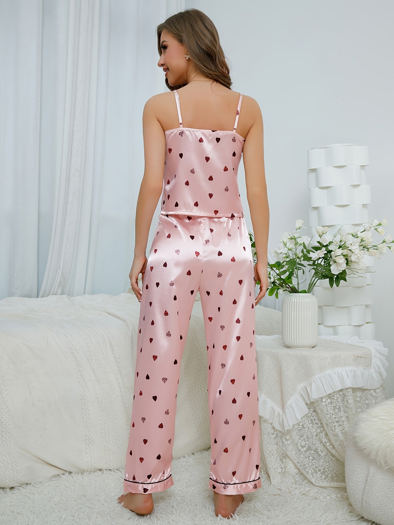 Mønstret Satin Pyjamasæt til Damer – Løs Lange Bukser & Camisole
