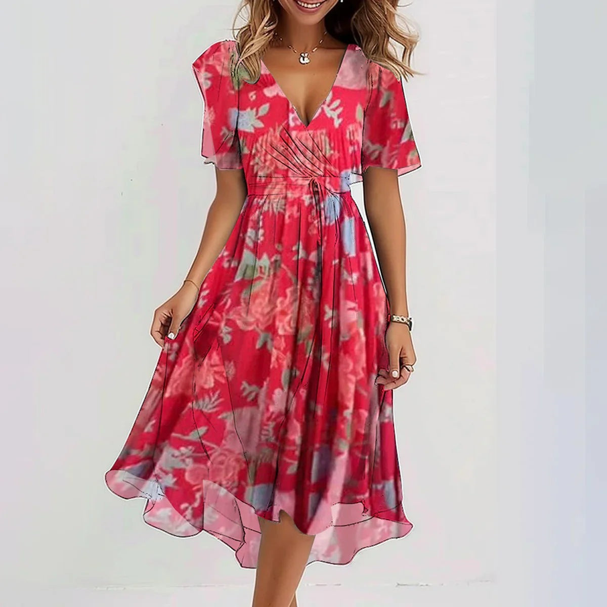 Kvinders Chiffon Blomstret Blændet Midikjole – Elegant, Smigrende