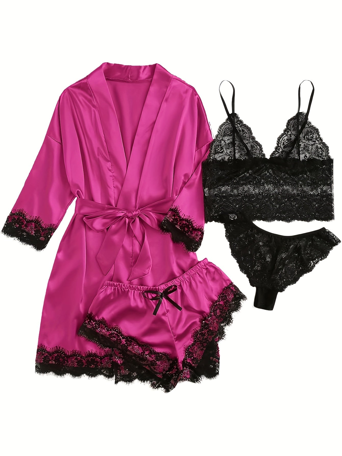 Luksus Satin Pyjamasæt Dame – Kimono, Shorts & Blondekant