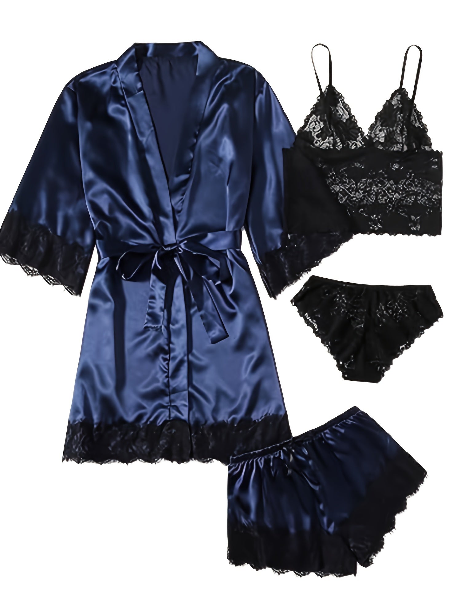 Luksus Satin Pyjamasæt Dame – Kimono, Shorts & Blondekant