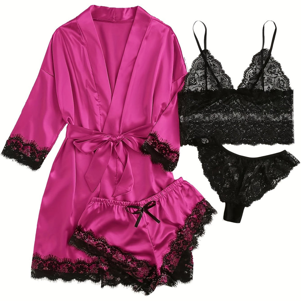 Luksus Satin Pyjamasæt Dame – Kimono, Shorts & Blondekant