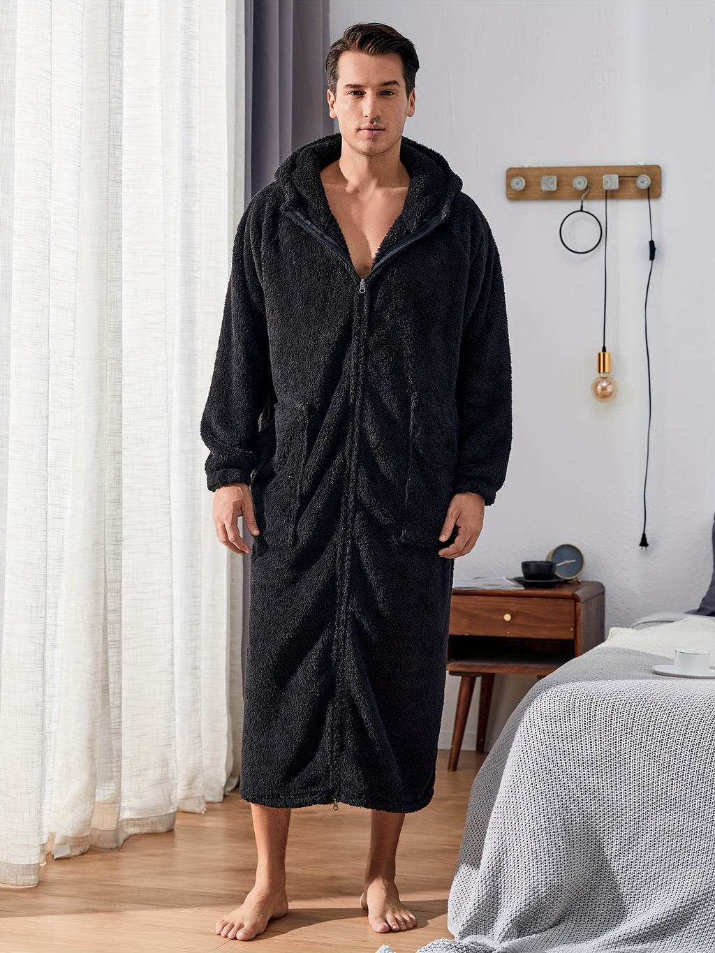 Herre Fleece Plys Morgenkåbe med Hætte, Fuld Lynlås, Lang Varm Morgenkåbe med Lomme