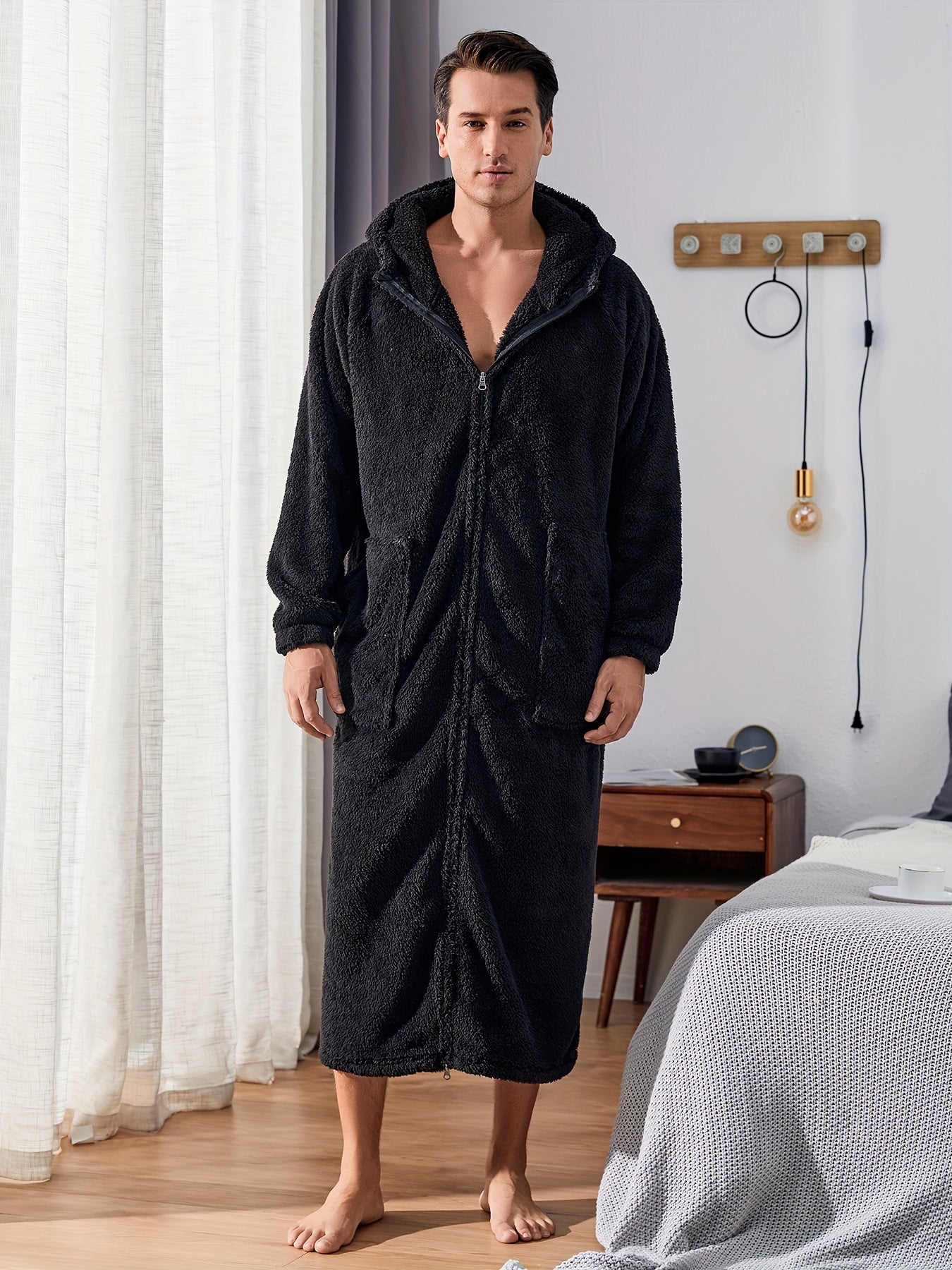 Herre Fleece Plys Morgenkåbe med Hætte, Fuld Lynlås, Lang Varm Morgenkåbe med Lomme