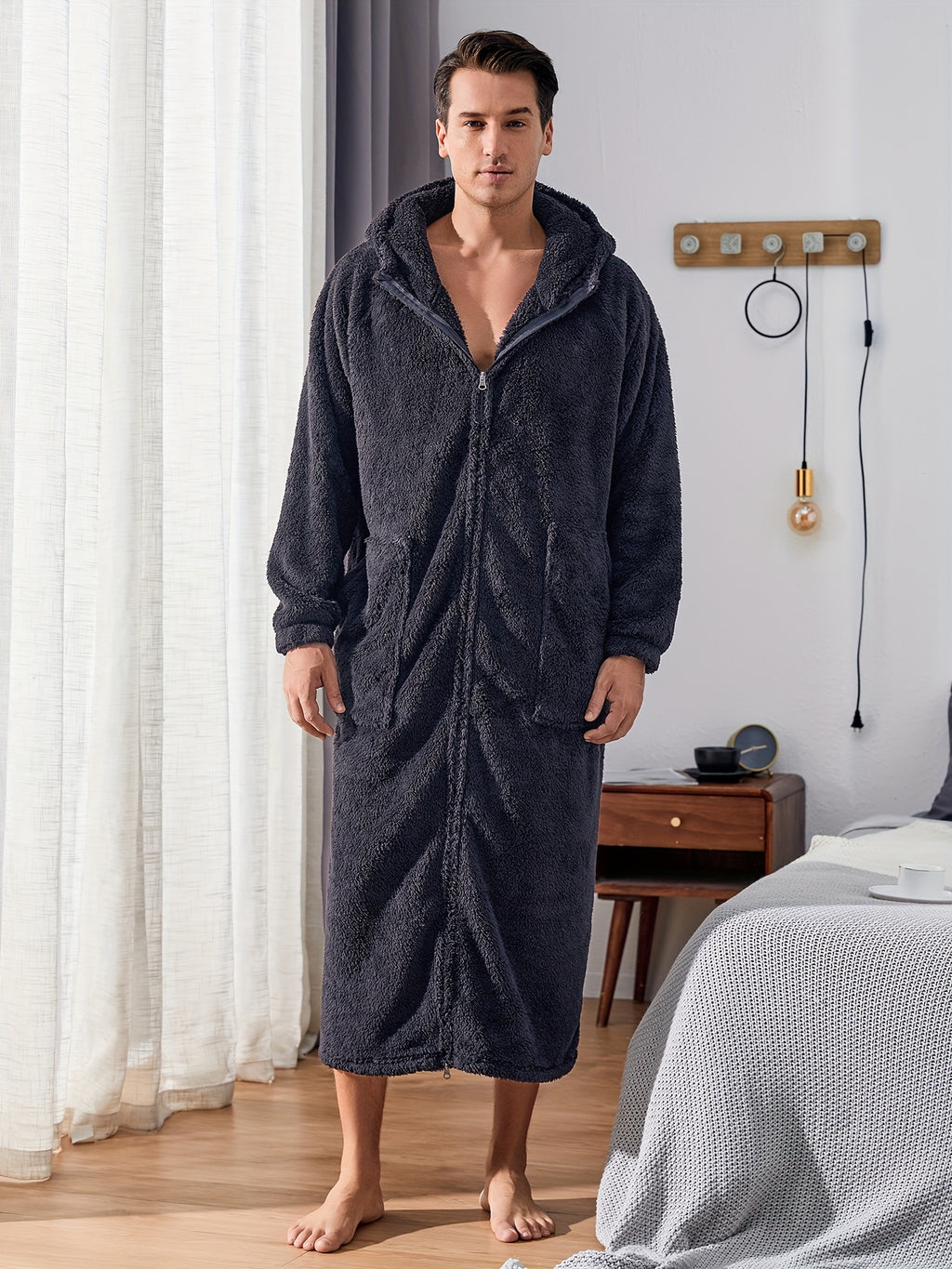 Herre Fleece Plys Morgenkåbe med Hætte, Fuld Lynlås, Lang Varm Morgenkåbe med Lomme