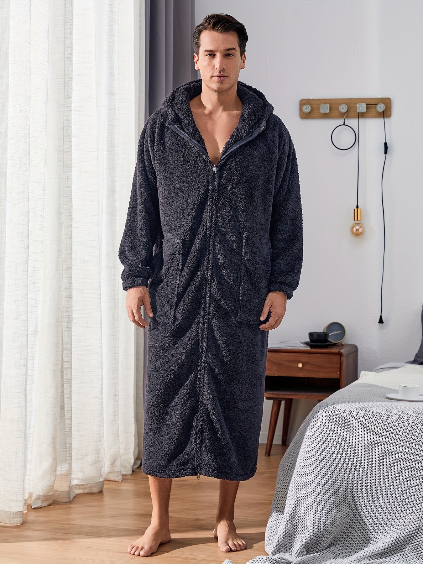 Herre Fleece Plys Morgenkåbe med Hætte, Fuld Lynlås, Lang Varm Morgenkåbe med Lomme