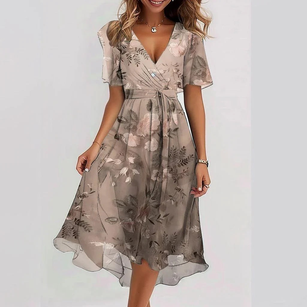 Kvinders Chiffon Blomstret Blændet Midikjole – Elegant, Smigrende