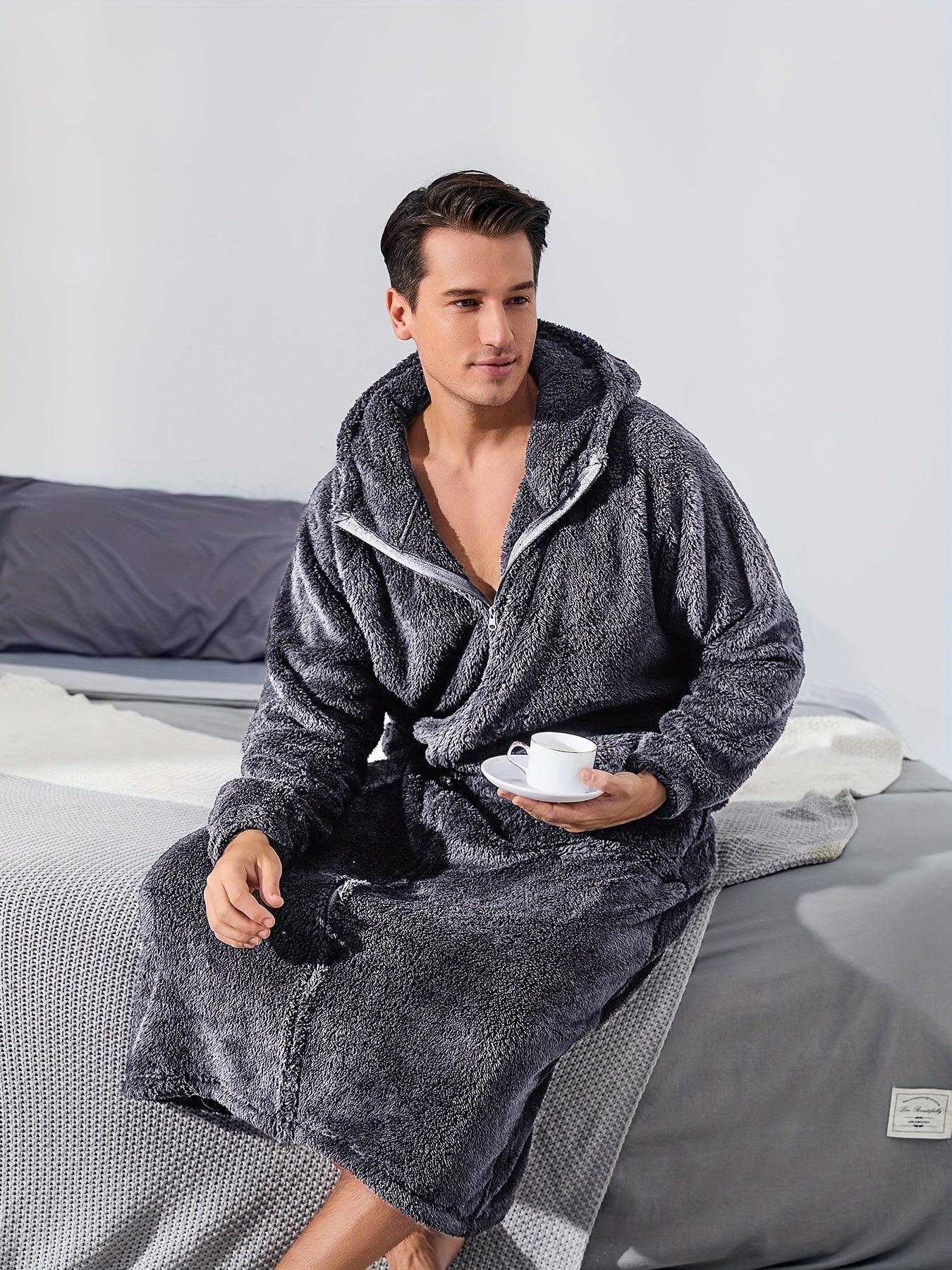 Herre Fleece Plys Morgenkåbe med Hætte, Fuld Lynlås, Lang Varm Morgenkåbe med Lomme
