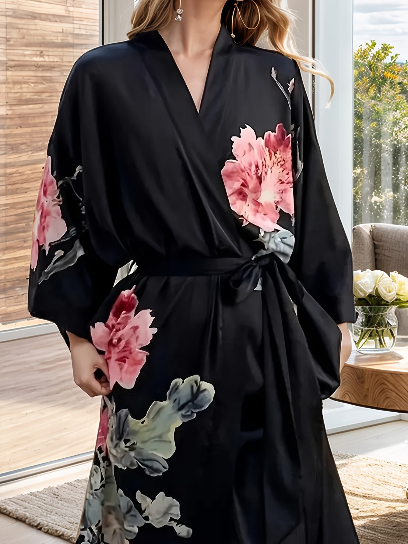 Lang Kimono Badekåbe i Satin – Blomsterprint & Flydende Pasform