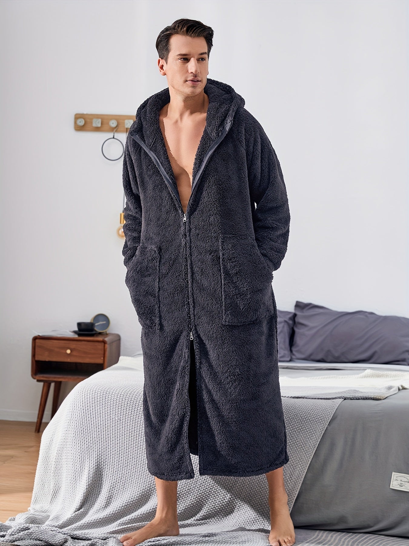 Herre Fleece Plys Morgenkåbe med Hætte, Fuld Lynlås, Lang Varm Morgenkåbe med Lomme