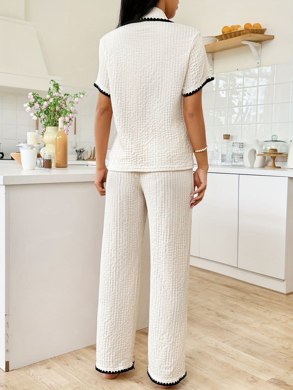 Dame pyjamasæt med korte ærmer og lange bukser – afslappet pasform