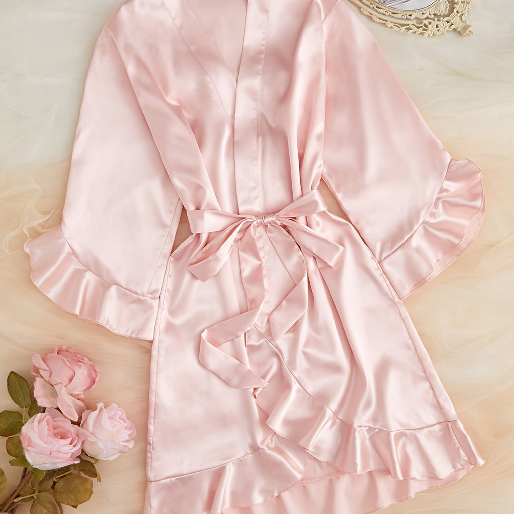 Satin Kimono Badekåbe Dame – Rucher & Bindebånd i Blødt Satin
