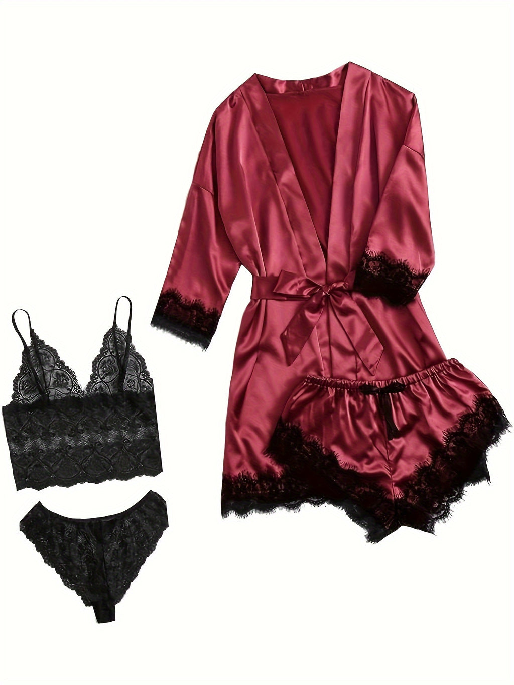 Luksus Satin Pyjamasæt Dame – Kimono, Shorts & Blondekant
