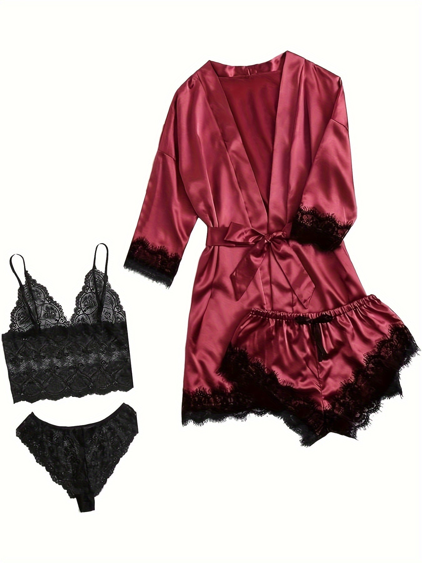 Luksus Satin Pyjamasæt Dame – Kimono, Shorts & Blondekant