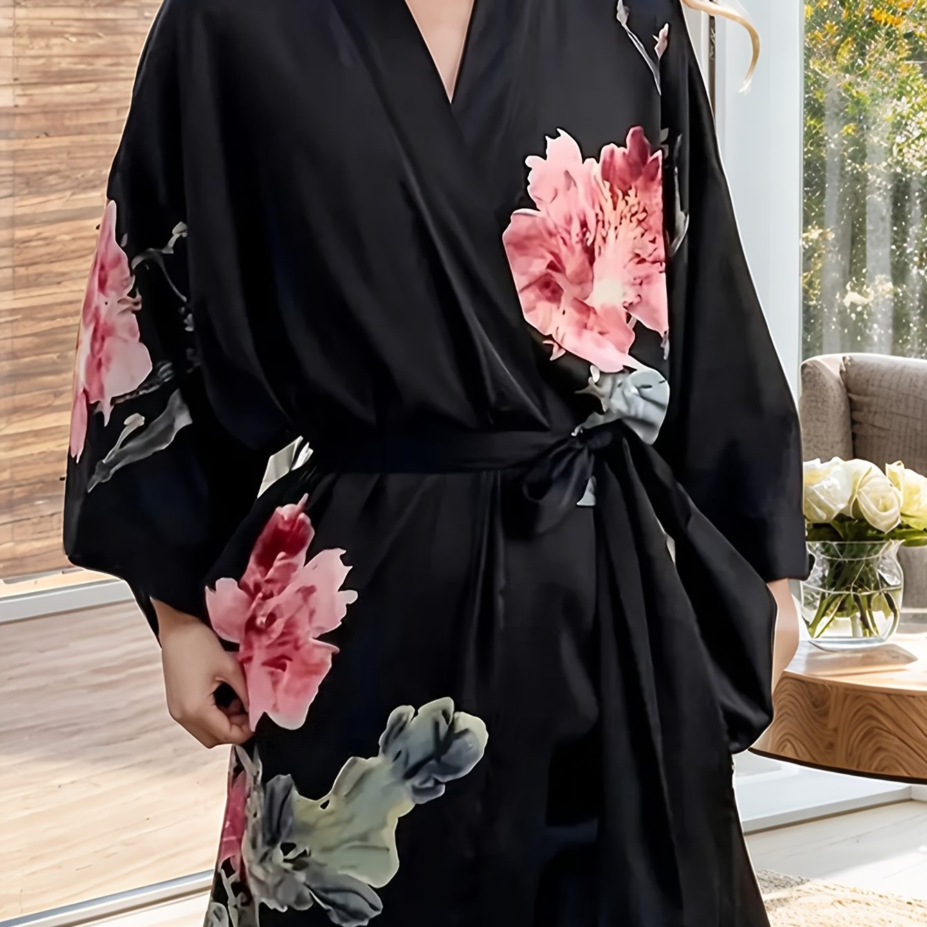 Lang Kimono Badekåbe i Satin – Blomsterprint & Flydende Pasform