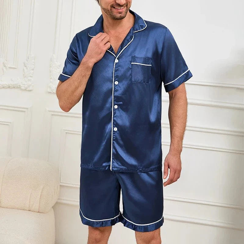 Satin Herrepyjamas med Korte Ærmer – Luksuriøst og Let Sæt til Sommer