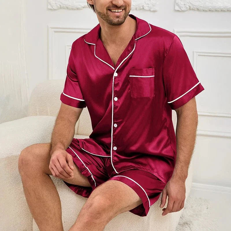Satin Herrepyjamas med Korte Ærmer – Luksuriøst og Let Sæt til Sommer