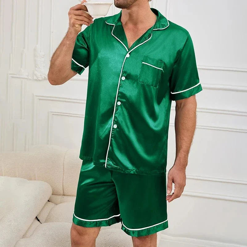 Satin Herrepyjamas med Korte Ærmer – Luksuriøst og Let Sæt til Sommer